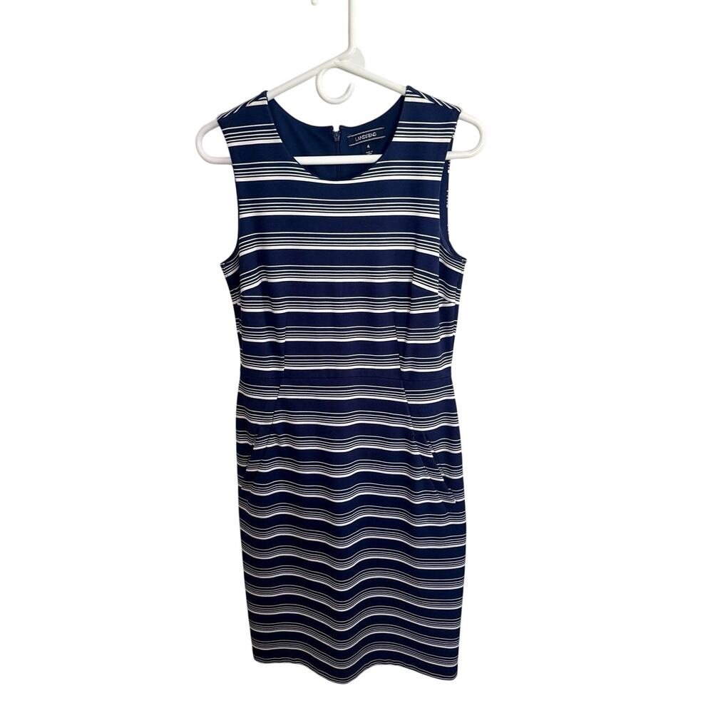 Lands’ End Size 4 Navy White Stripe Sheath Dress Sleeveless Stretch Classic